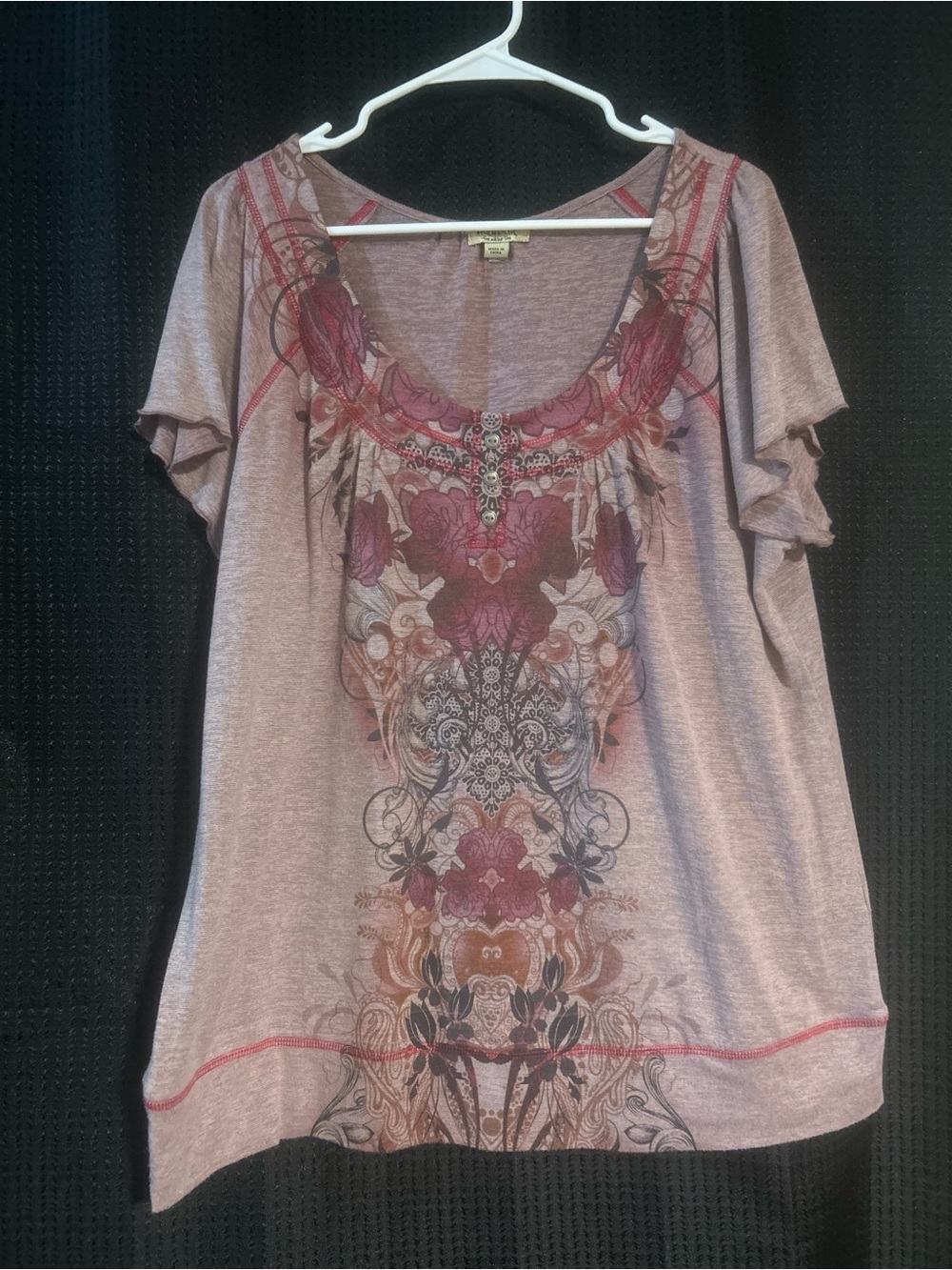 ONE WORLD Mauve Floral Scoop Neck Short Sleeve Top